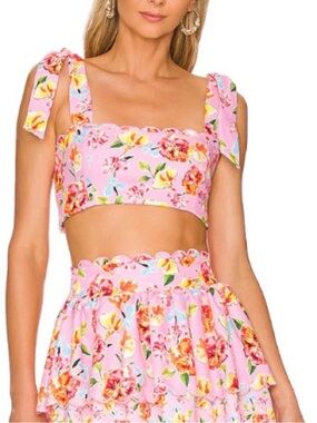 Agua Bendita Pink Floral Tie-Shoulder Scalloped Crop Top